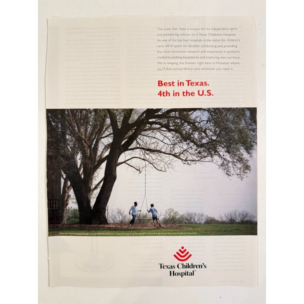 Texas Children's Hospital Kids on Swing under Tree Advertisement Print Ad